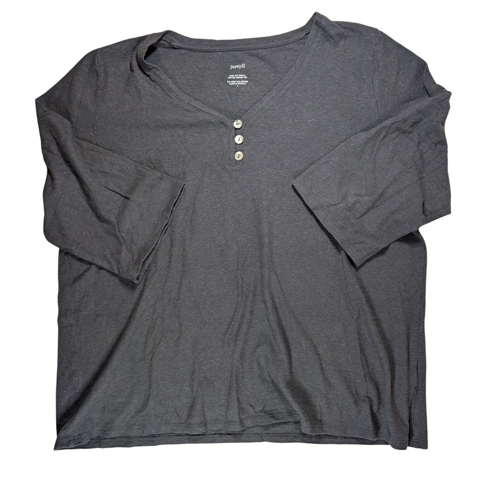 Pure Jill Henley Top Women L Gray Excellent Hemp Cotton 3/4 Sleeve Casual